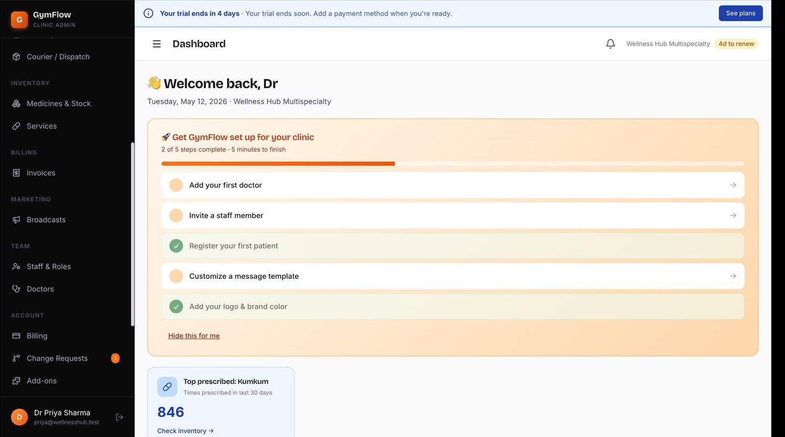 Dashboard with welcome message, onboarding tracker, and insights