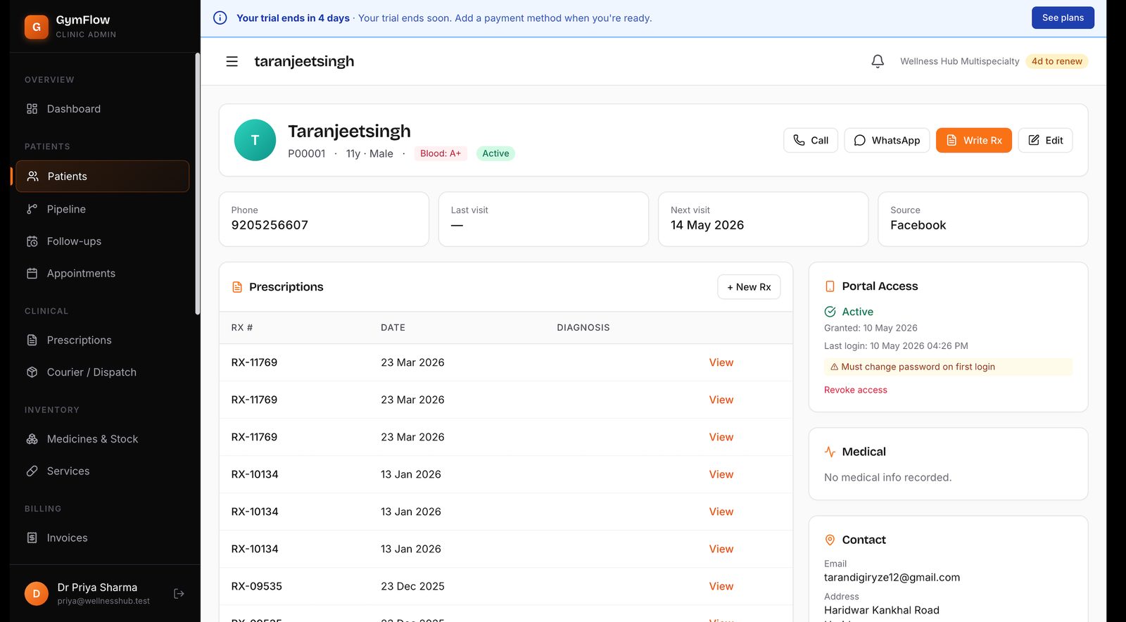 Customer profile view with history and portal access