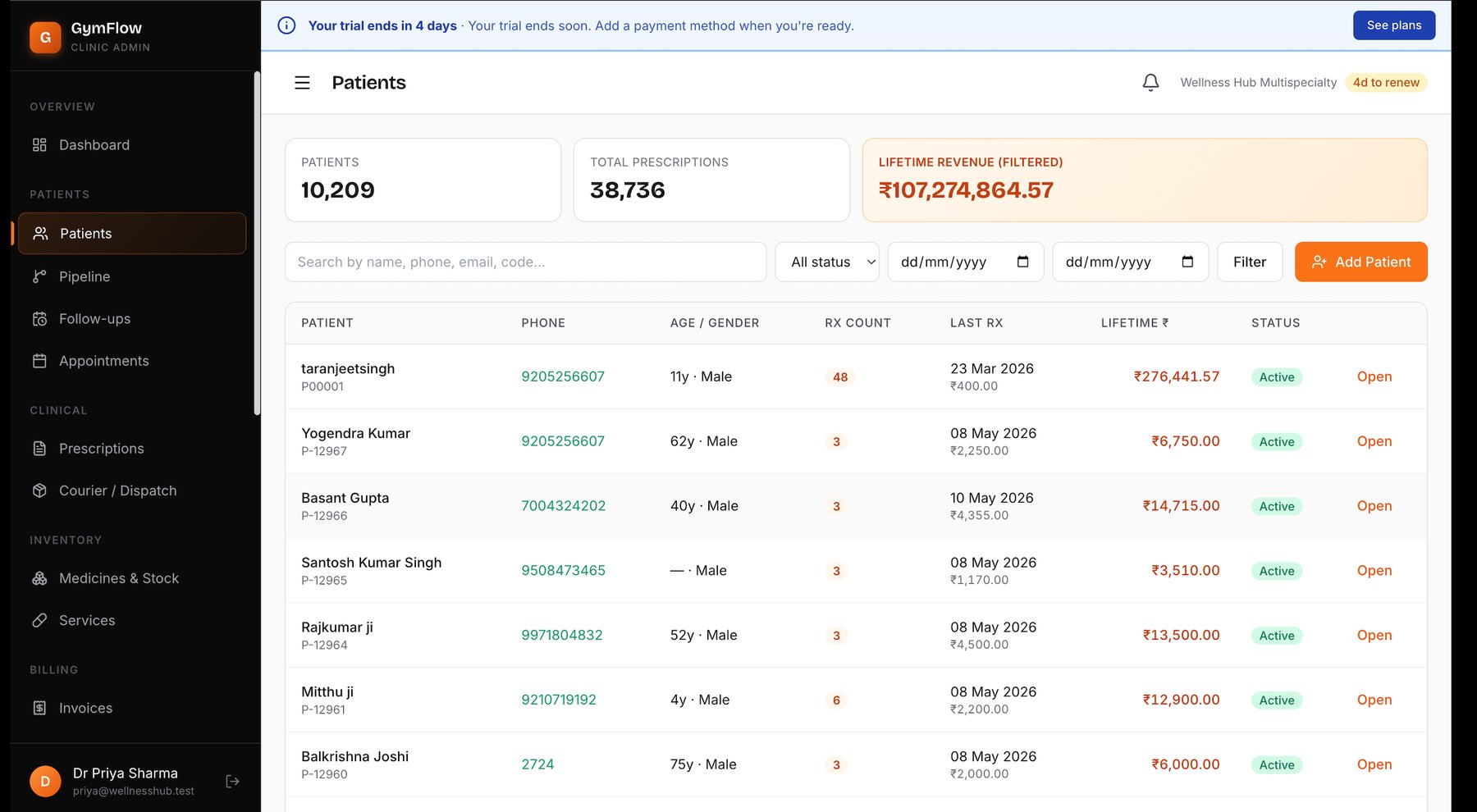 DRP-OS patient management showing 10,000+ records with revenue tracking