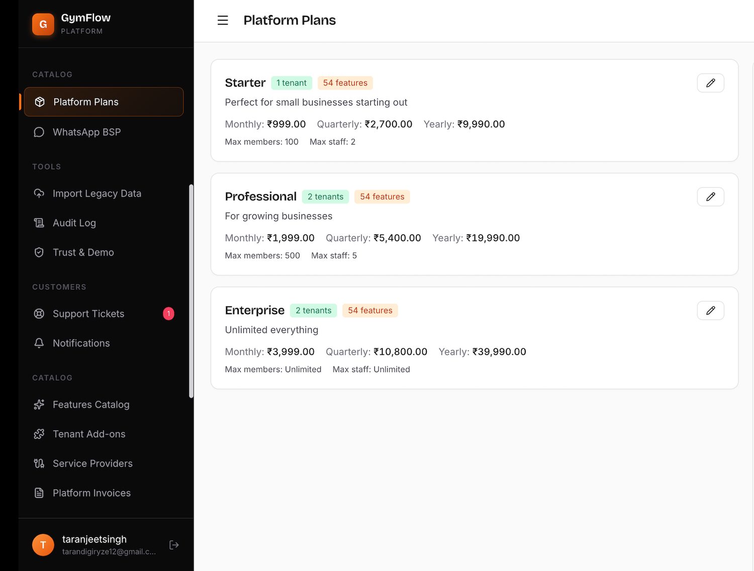 Super-admin showing platform plans with tenant counts